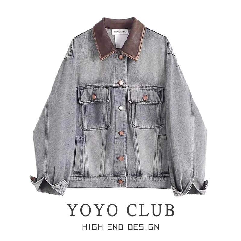 YOYO CLUB做旧复古短款牛仔外套2025春季新款设计感破洞夹克上衣