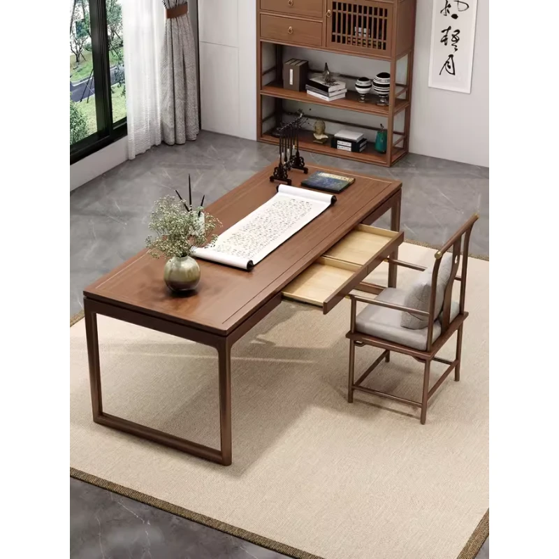新中式榆木书桌书房书法桌储物抽屉家用简约写字桌客厅实木置物桌