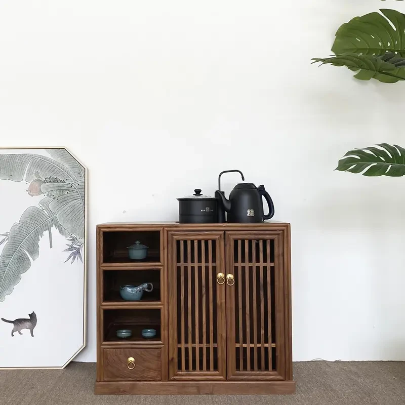 黑胡桃木茶水柜茶桌边柜茶室餐边柜储物柜老榆木新中式实木烧水柜