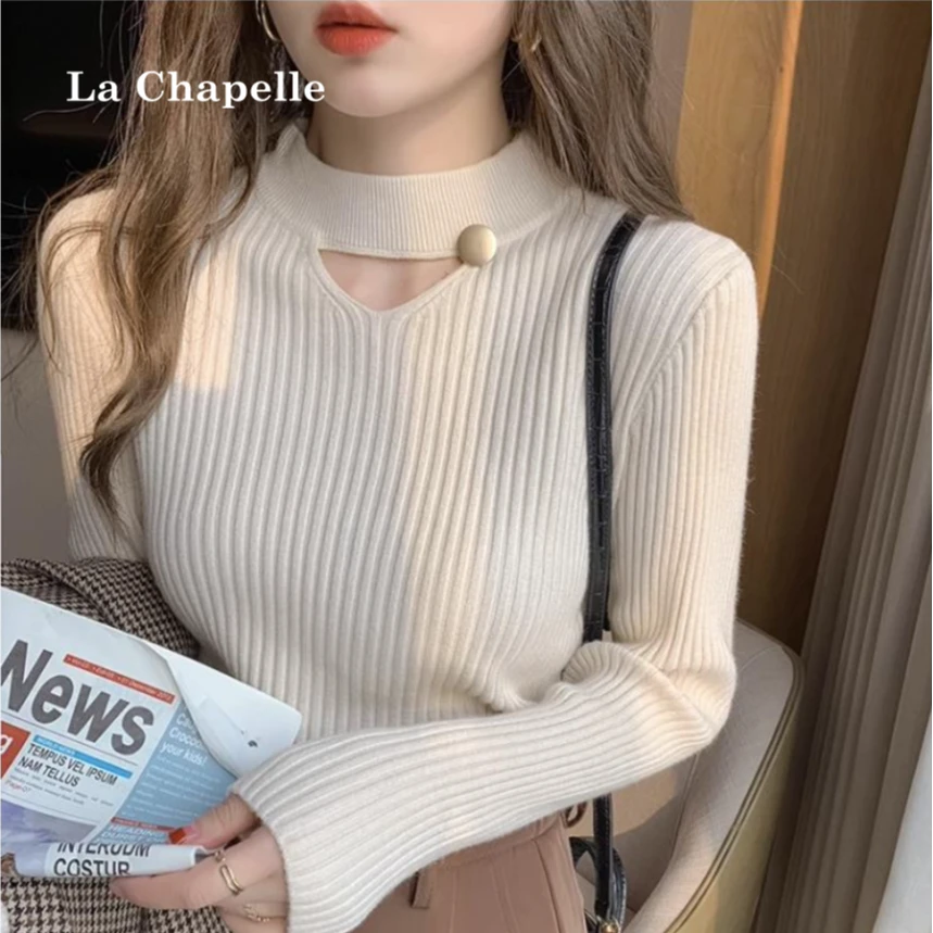 拉夏贝尔半高领针织衫女秋冬新款设计感打底衫显瘦毛衣高级感上衣