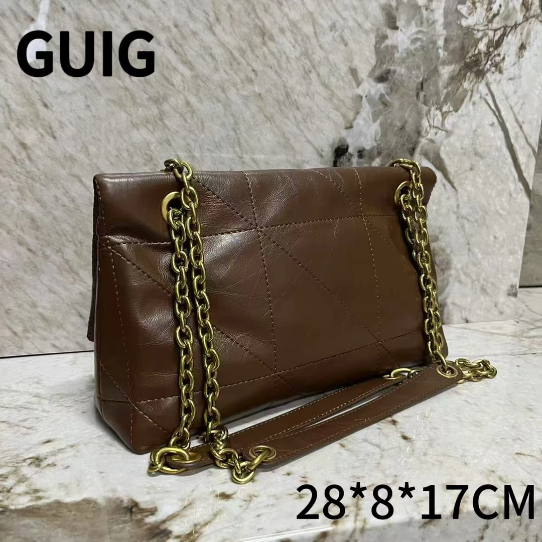 GUIG24秋冬新款手工真皮定制女包裂纹链条折叠棕色1