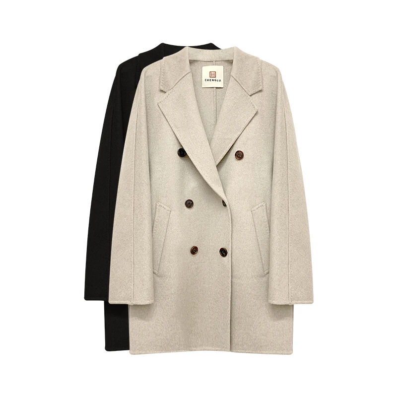 【橙庐】102411经典小山羊绒西装领大衣 秋冬时尚宽松气质女士外套