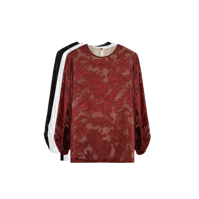 【橙庐】1674新中式海棠剪花桑蚕丝上衣 时尚长袖T恤防晒休闲圆领