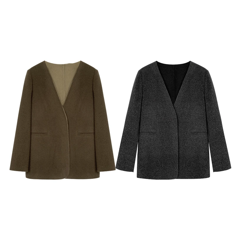 【橙庐】2775经典V领敞口新澳毛山羊绒大衣 气质时尚休闲宽松秋冬春