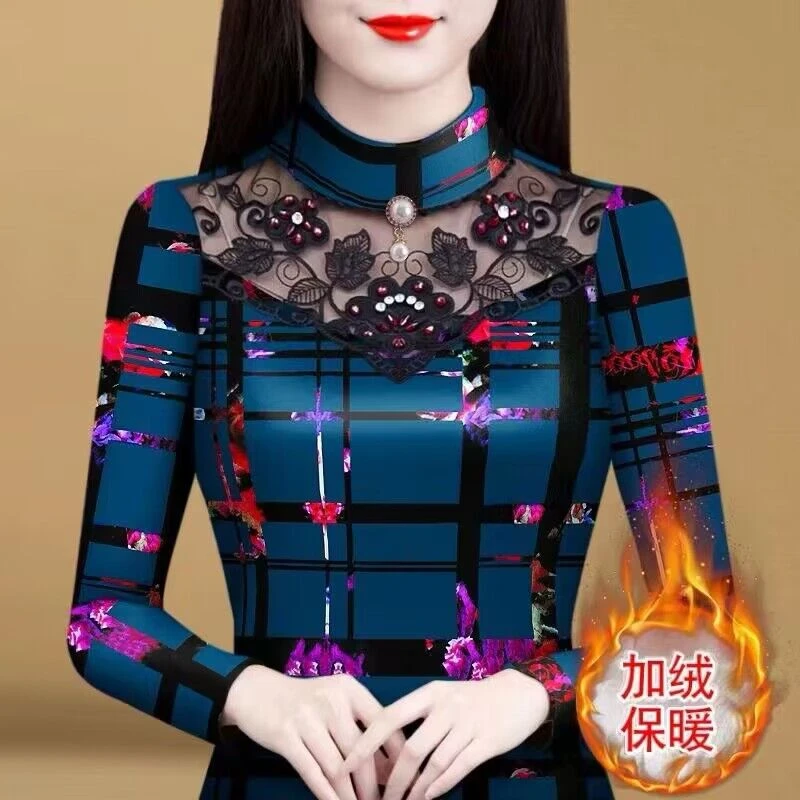 春秋新款一体绒双面德绒长袖女印花蕾丝花边妈妈装加绒保暖打底衫