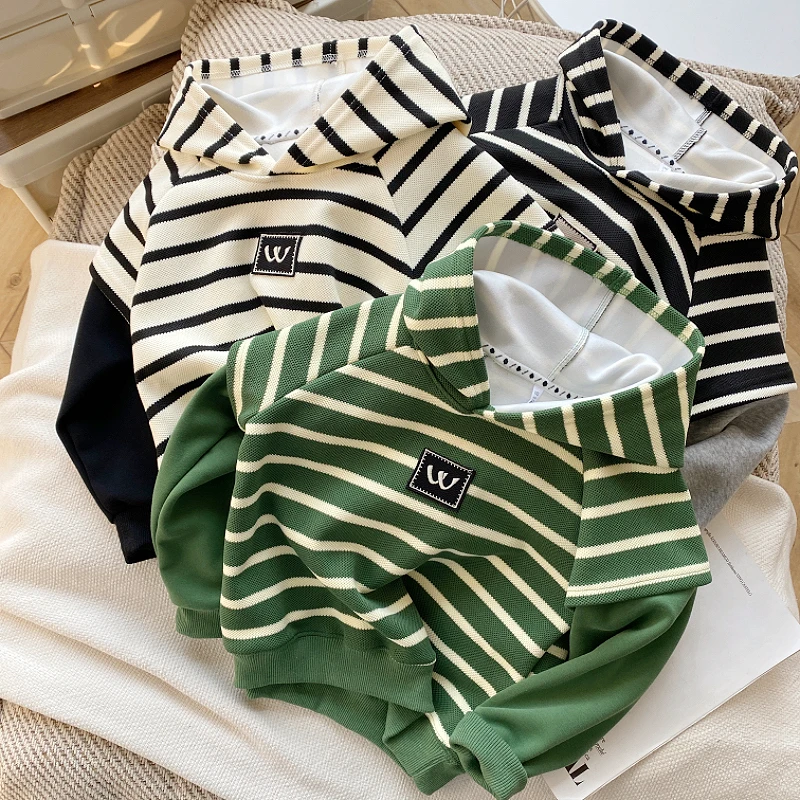 男童连帽卫衣春秋儿童假两件上衣2025春季新款宝宝条纹休闲卫衣