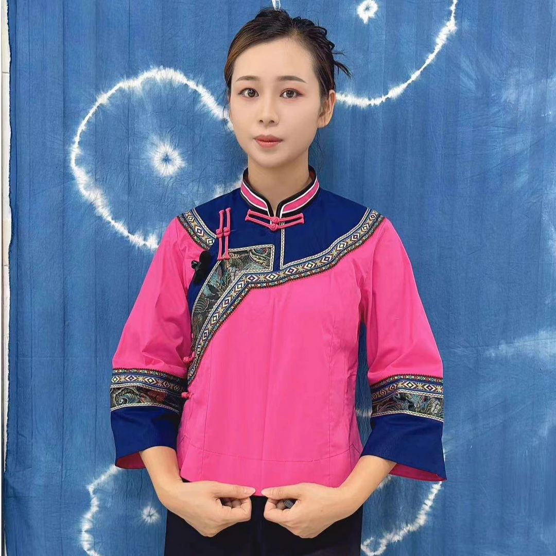 新款玫红色修身民族上衣