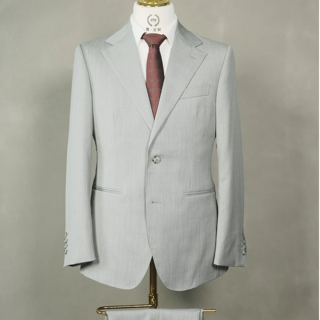 【羊毛手工高定成衣】2024新款高级灰羊毛休闲西服套装浅灰淡蓝条纹