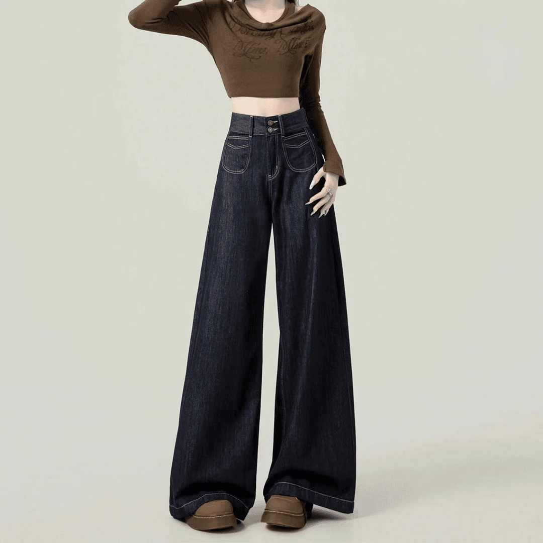 【J.H】秋季新款垂顺感丹宁蓝时尚牛仔裤女装高腰显瘦复古阔腿2867