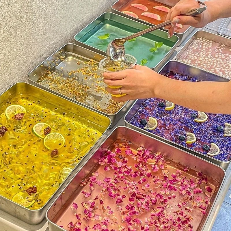 网红水果冰粉盘子商用摆摊专用托盘装凉粉容器的铁盒子带盖不锈钢