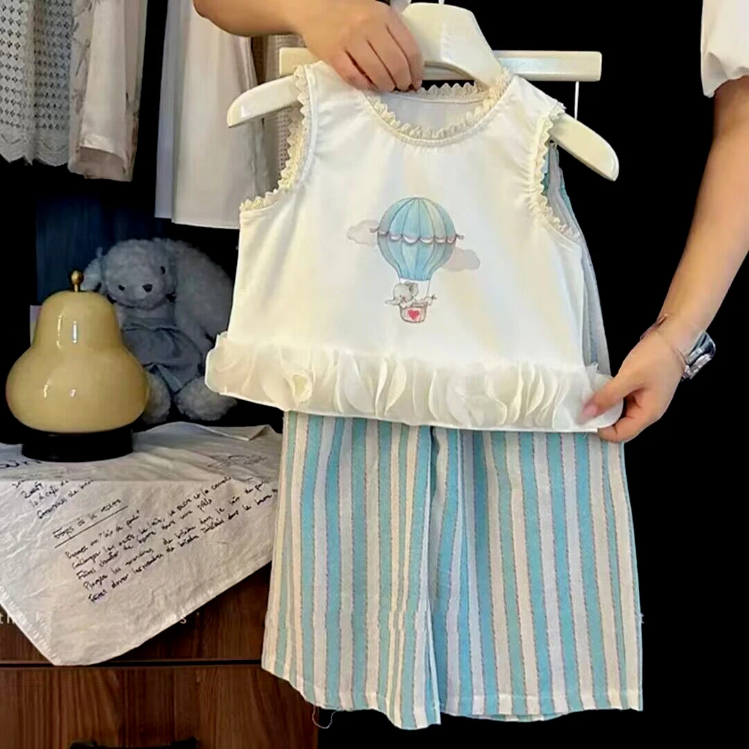 女童背心套装夏装2024新款韩系甜美儿童无袖T恤条纹防蚊裤两件套