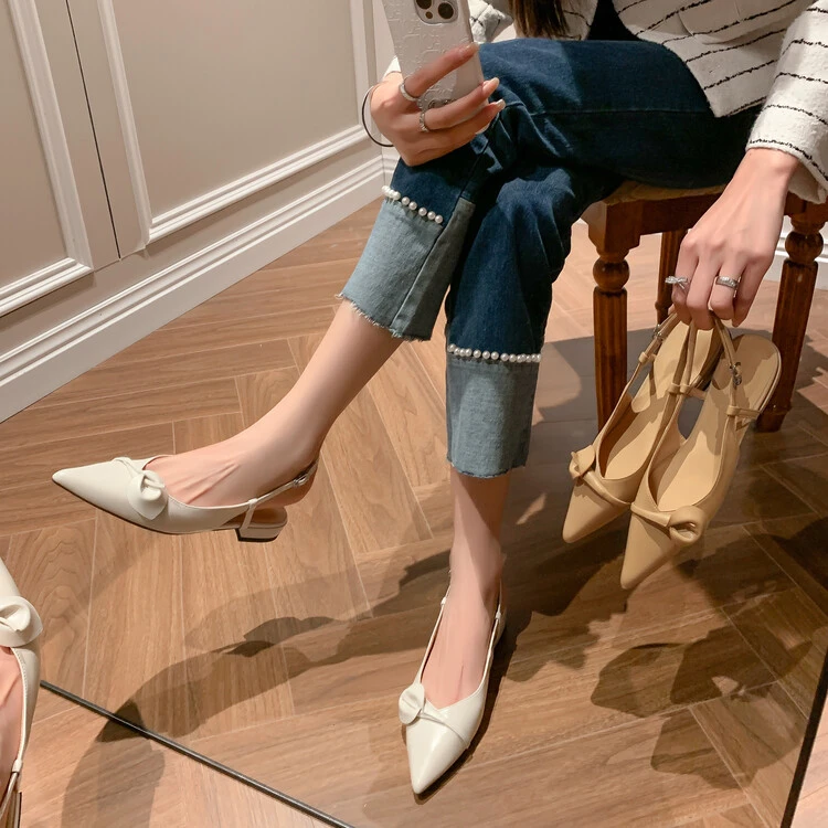 鹿屿晨曦 2024春夏新款真皮后空跟时尖头装凉鞋低跟浅口时尚百搭