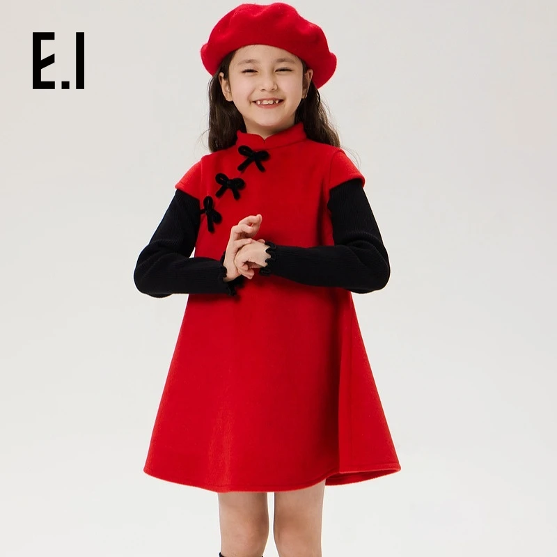 女童红色拜年服冬装新中式国风毛呢连衣裙汉服旗袍D8244886475