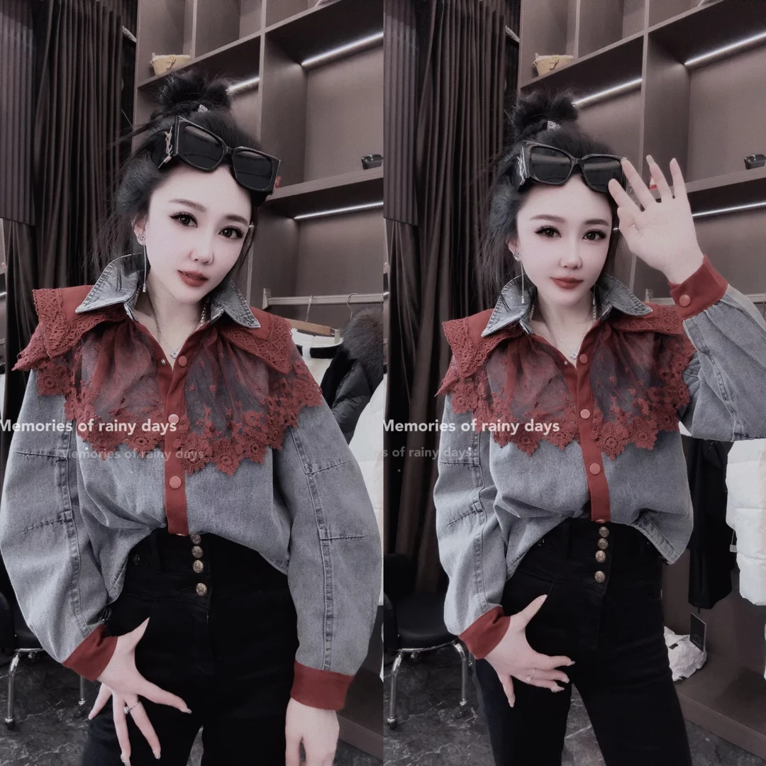 2024长袖牛仔拼接衬衫 休闲女款时尚百搭设计感秋冬外穿内搭1227