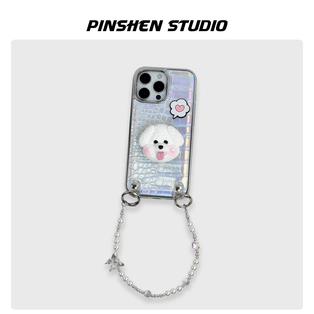 品申原创镭射鳄鱼纹小狗支架手提链条适用iphone16promax手机壳