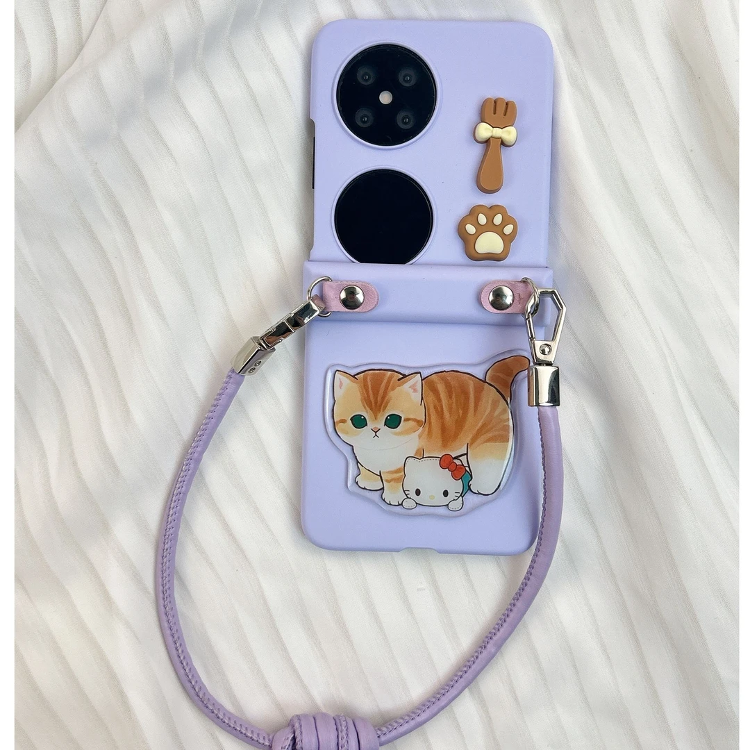 品申肤感淡紫中轴卡通猫咪贴饰皮质手提适用华为pocket 2折叠壳