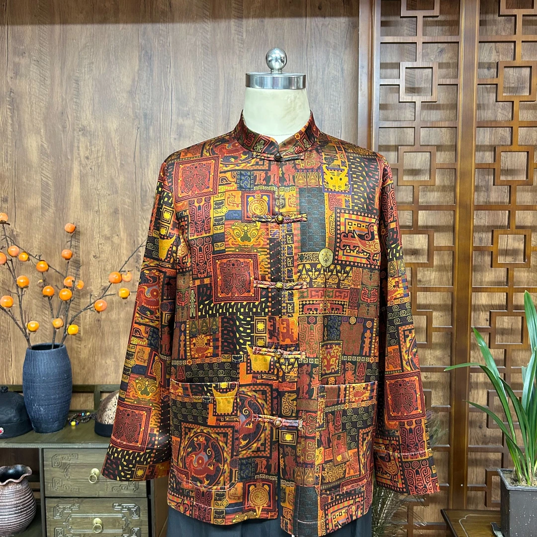 2025新款 香云纱重锻男式新款长袖 新中式男装上衣 复古国风印花