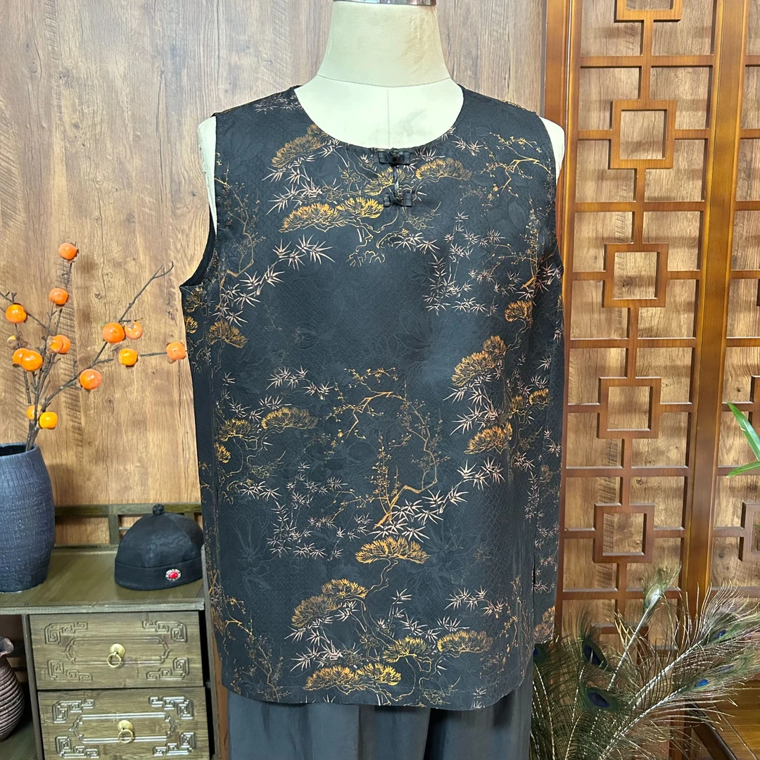 2024新款香云纱 黑色花纹男士背心 圆领无袖夏装 国风新中式男装