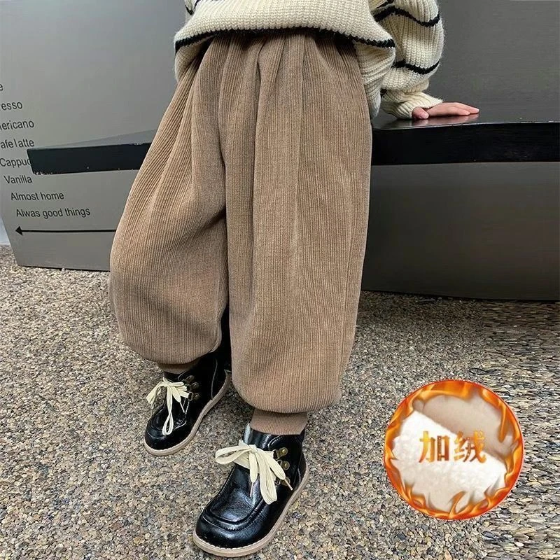 儿童裤子秋冬款2023新款宽松一体绒灯芯绒束脚裤宝宝加绒灯笼裤潮
