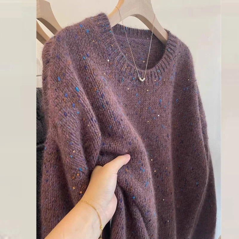 欧货重磅秋冬季2025新款长袖女装高级感上衣紫色宽松亮片针织毛衣