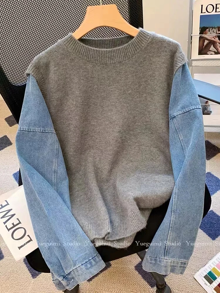 一般见不到的毛衣！牛仔拼接！设计师款拼接毛衣