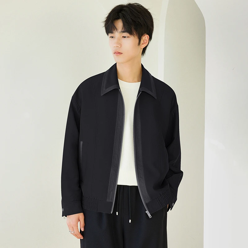 翻领撞色PU皮拼接休闲夹克外套高档男士外套春秋男装上档次J92011