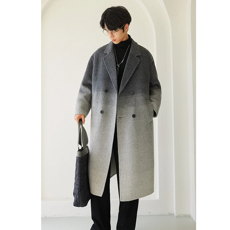 渐变双面呢羊毛呢男款外套双排扣大衣中长款新款男装高级感85136