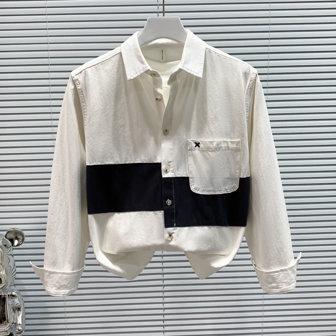 拼接撞色宽松潮流长袖衬衫男春季纯棉休闲衬衣日系短袖寸衫设计感