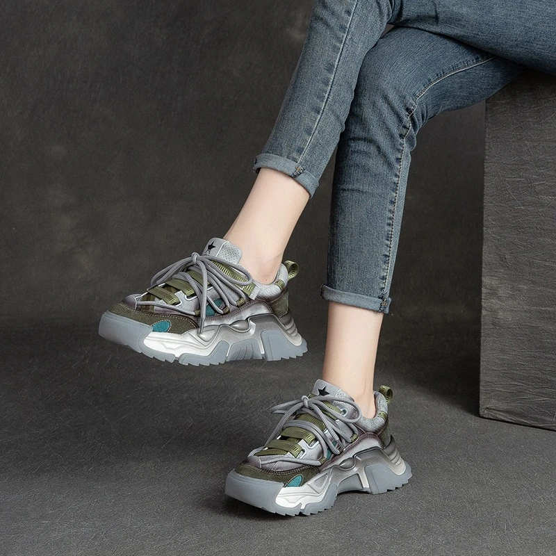 【恩祈定制】增高5cm2024秋冬复古拼色老爹鞋厚底潮流百搭鞋时尚