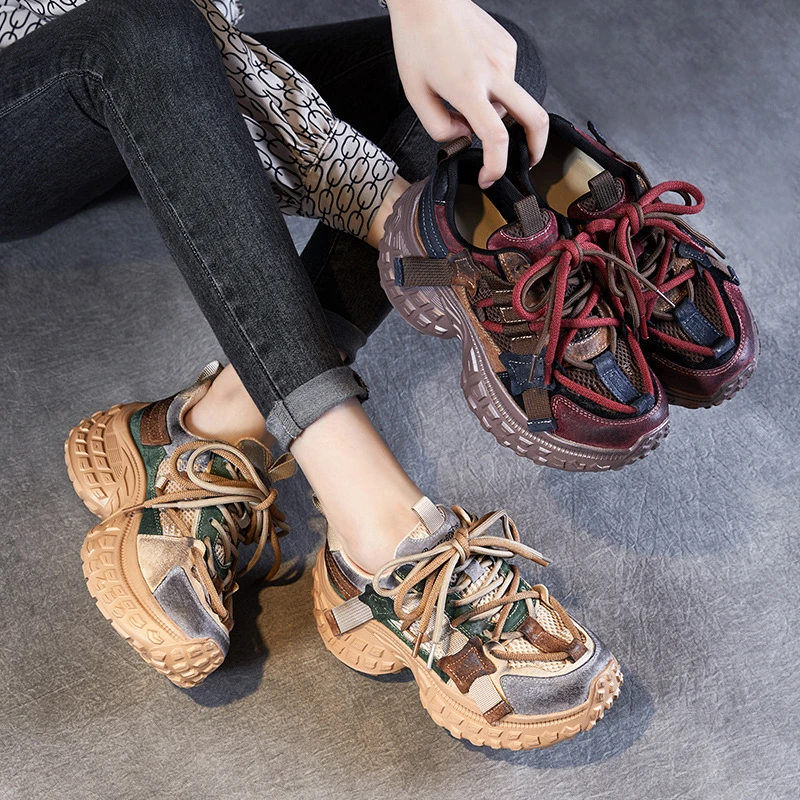 【恩祈新款（四季款）】真皮老爹鞋皮拼色爆款增高厚底女鞋榴莲轮胎底