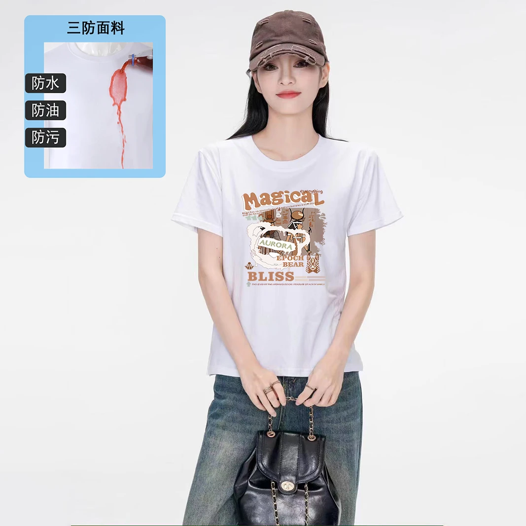 欧货高级感防水防油防污短袖T恤男女情侣款夏季印花开叉ins潮上衣