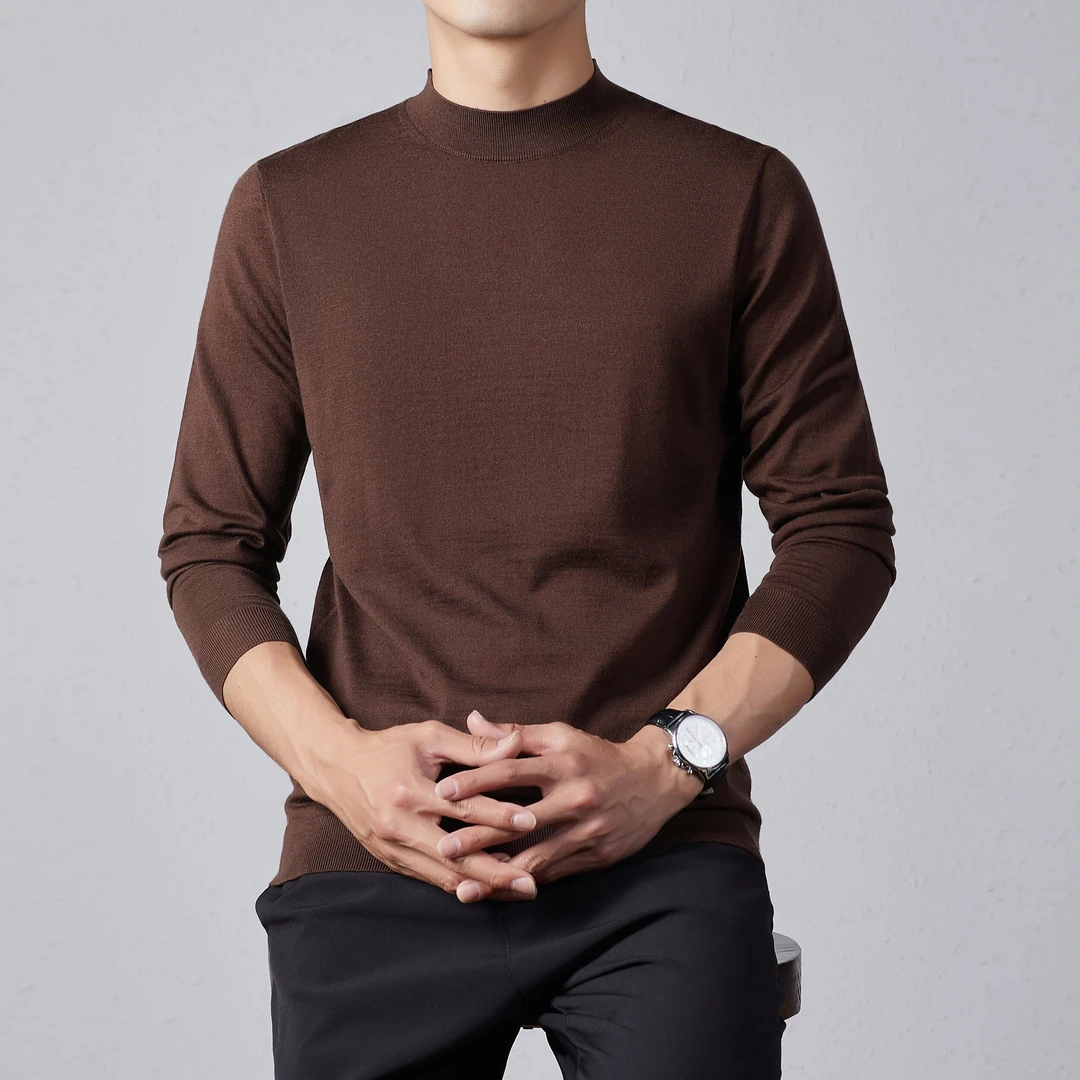 新款男士轻奢高端伊力特纯色净版百搭休闲男士针织半高领长袖T恤