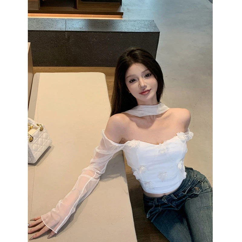 法式韩版不规则又甜又辣立体花朵上衣女春季可拆卸网纱袖抹胸上衣