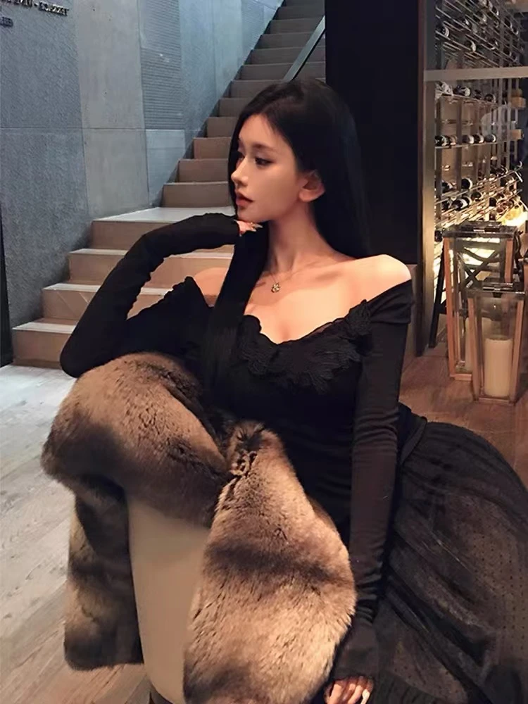 【花边假日曲】黑色重工刺绣花朵上衣百搭温柔性感长袖恤打底内搭