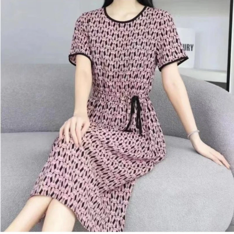 时尚气质玉兔连衣裙夏季显瘦圆领收腰百搭a字裙8811