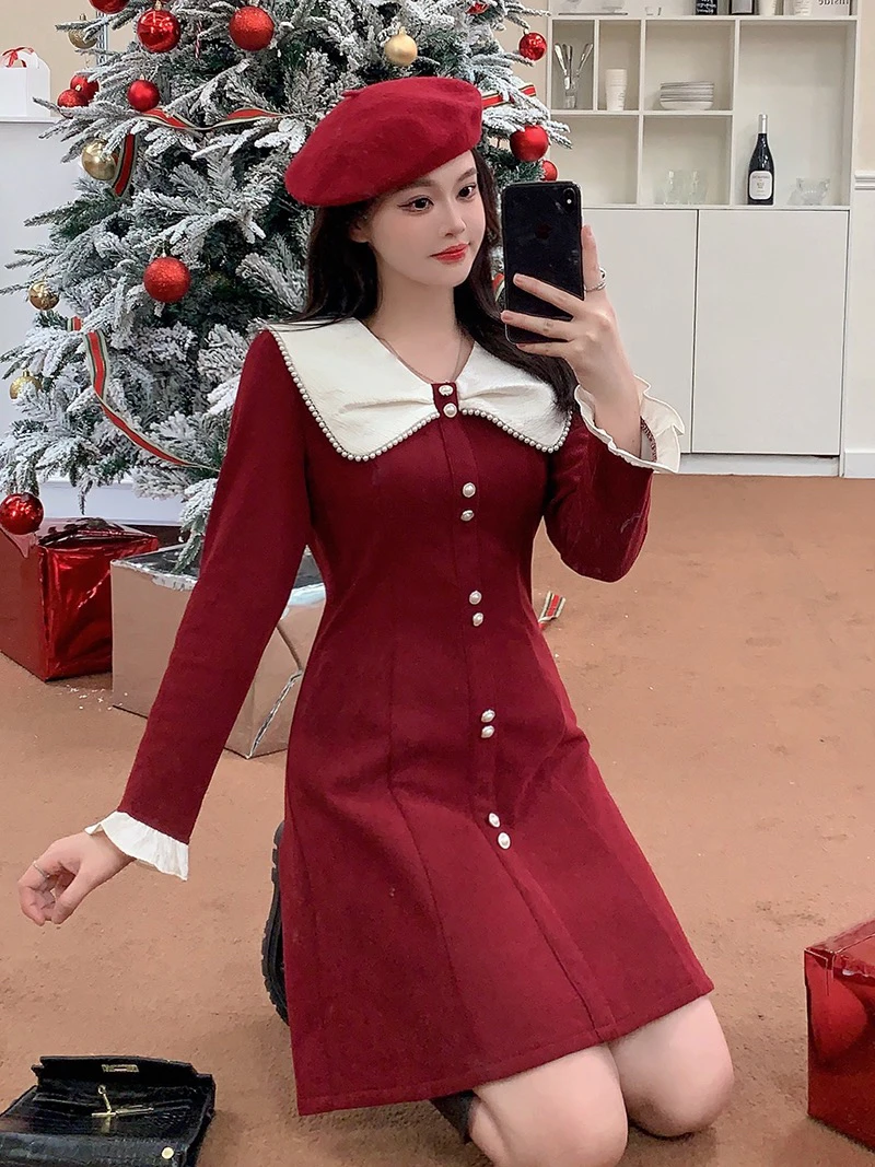 18511法式气质娃娃领收腰显瘦灯芯绒连衣裙名媛风长袖A字裙