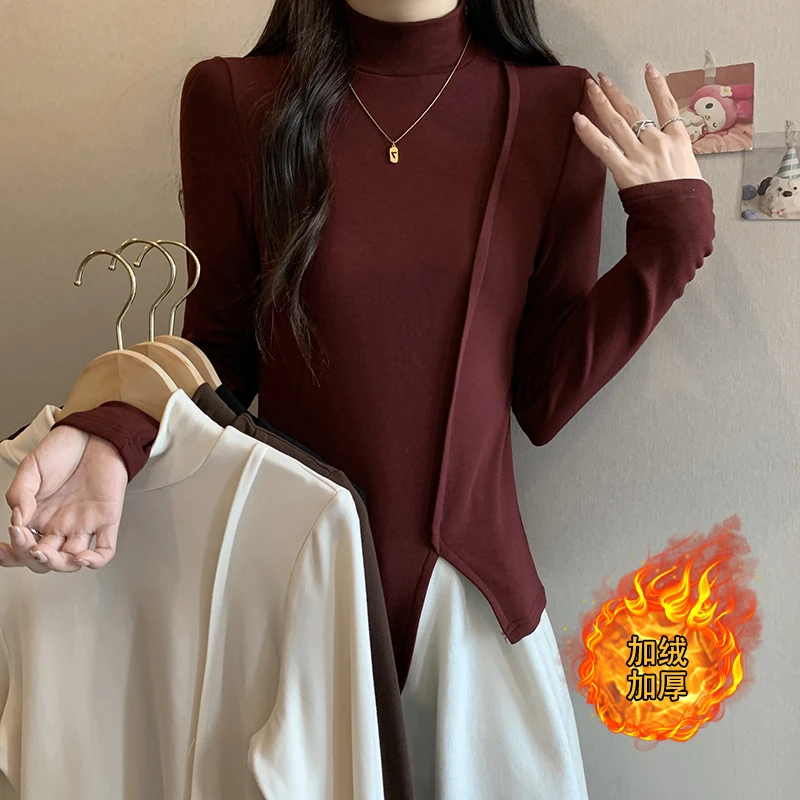 18113（46）秋冬装新款胖mm大码半高领鱼骨设计加绒加厚打底衫上衣