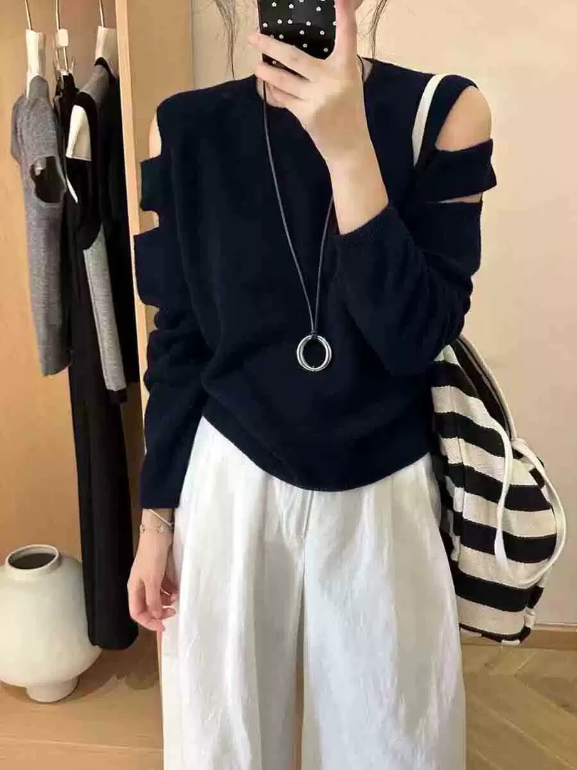 7191纯色宽松慵懒百搭套头毛衣新款露肩小心机针织打底女