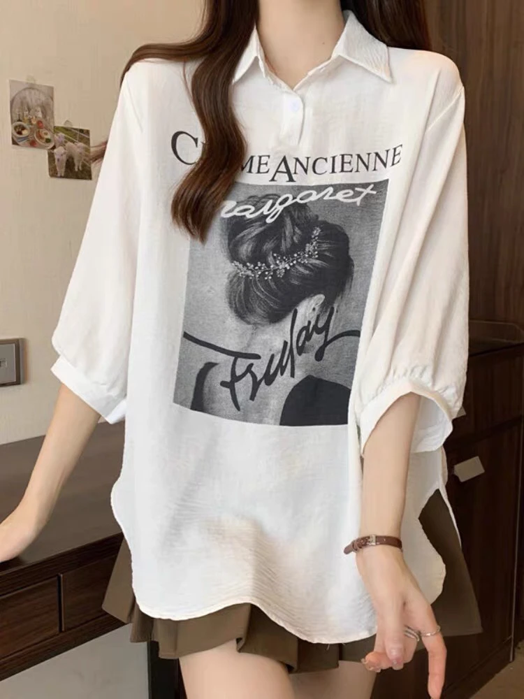 13181(12)显瘦薄款宽松时尚白色休闲港风中长款夏季半袖上衣