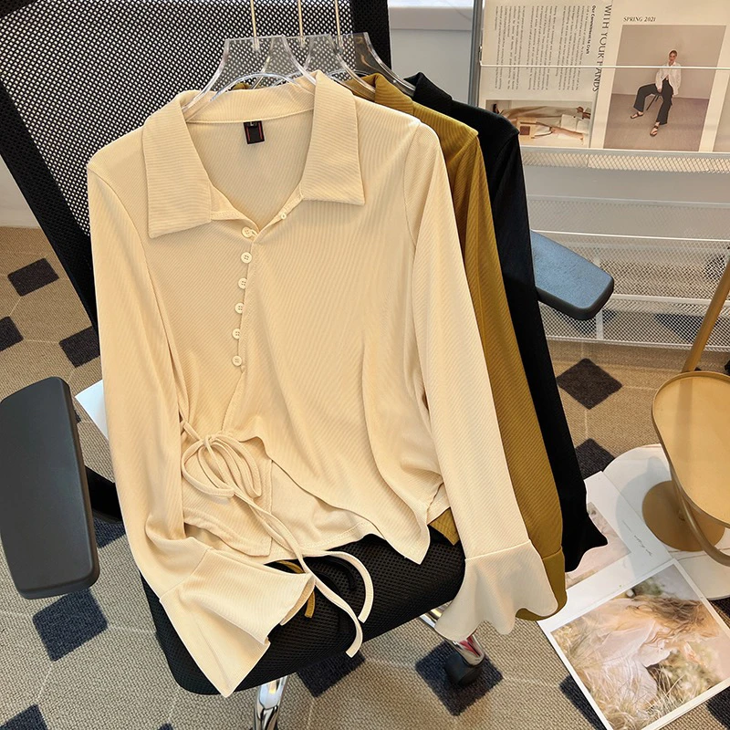 大码微胖不规则V领黑色开衫设计感显瘦T恤女秋季17007