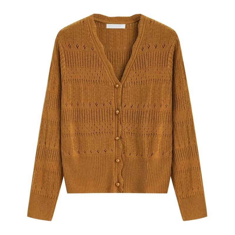 3518（004）新款V领纯色长袖针织开衫时尚百搭上衣