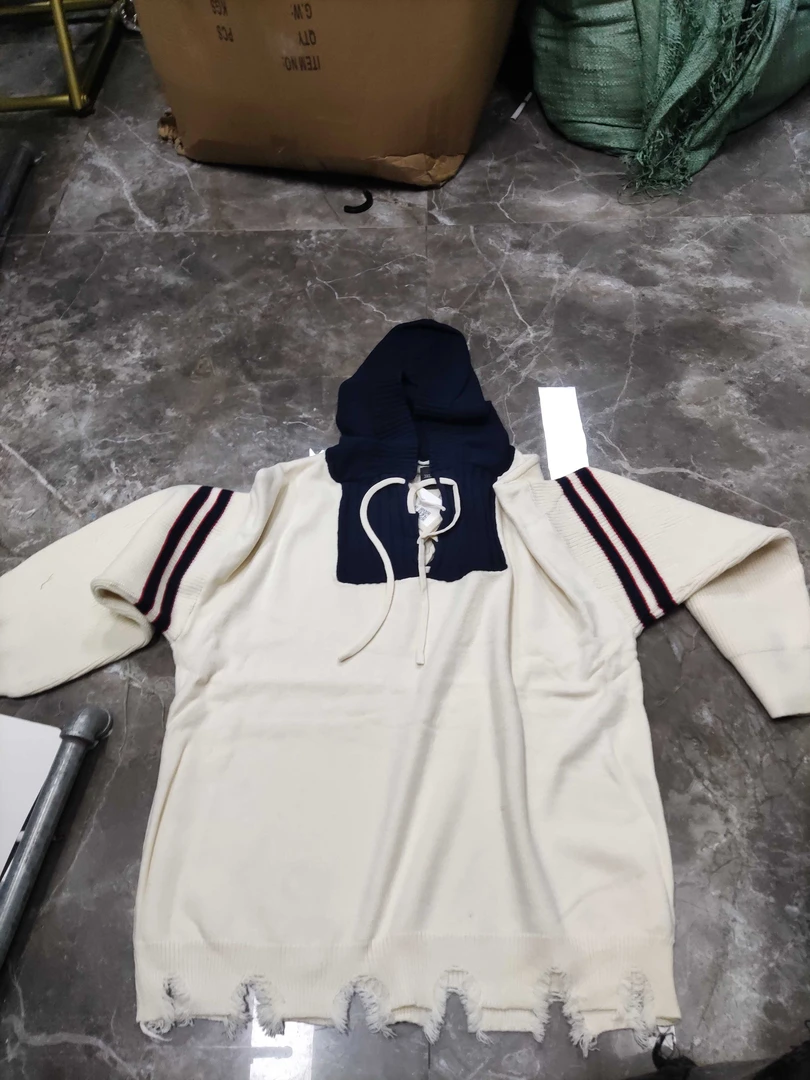 5649撞色条纹连帽针织衫女简约显瘦百搭休闲上衣