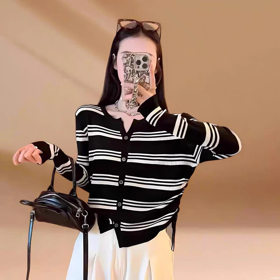 20118撞色条纹针织开衫复古风百搭长袖上衣女