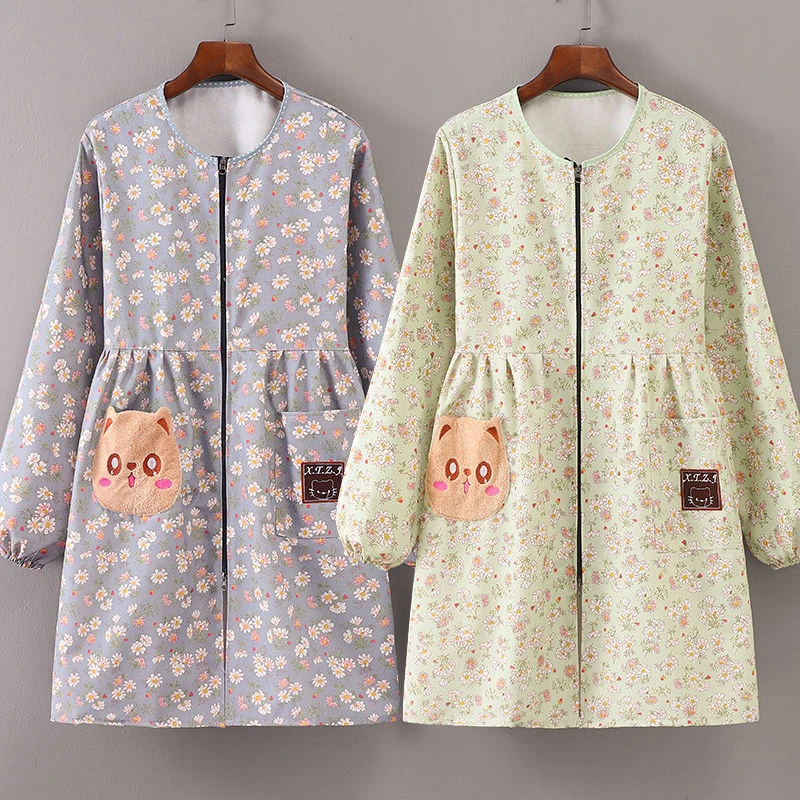 韩版围裙女长袖帆布耐磨防污上班工作服正穿拉链罩衣秋冬新款外穿