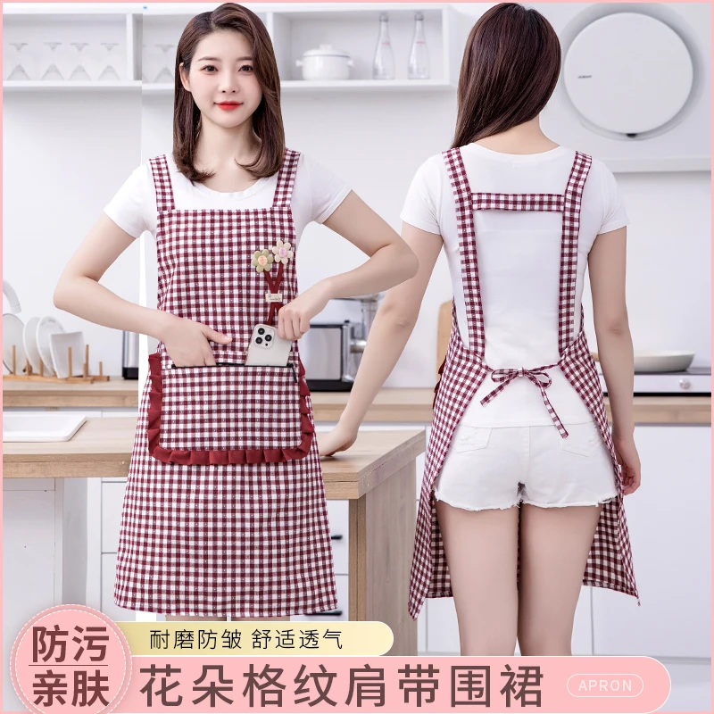 时尚格子棉布围裙厨房家用夏天透气花边拉链口袋背带工作洋气围腰