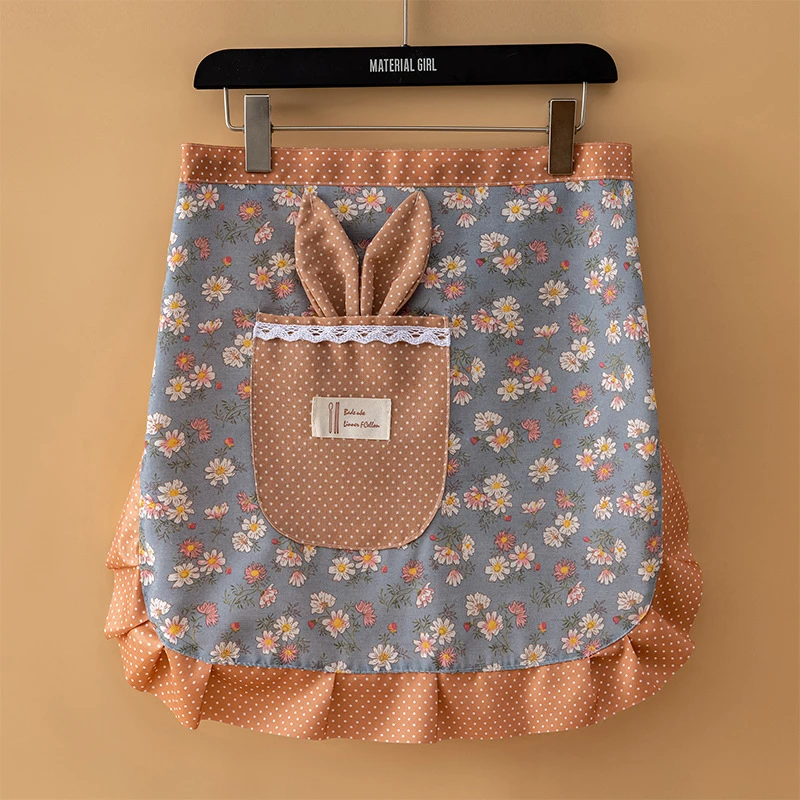 兔耳朵半截围腰夏季帆布透气碎花半身围裙家用厨房防油污短款围裙