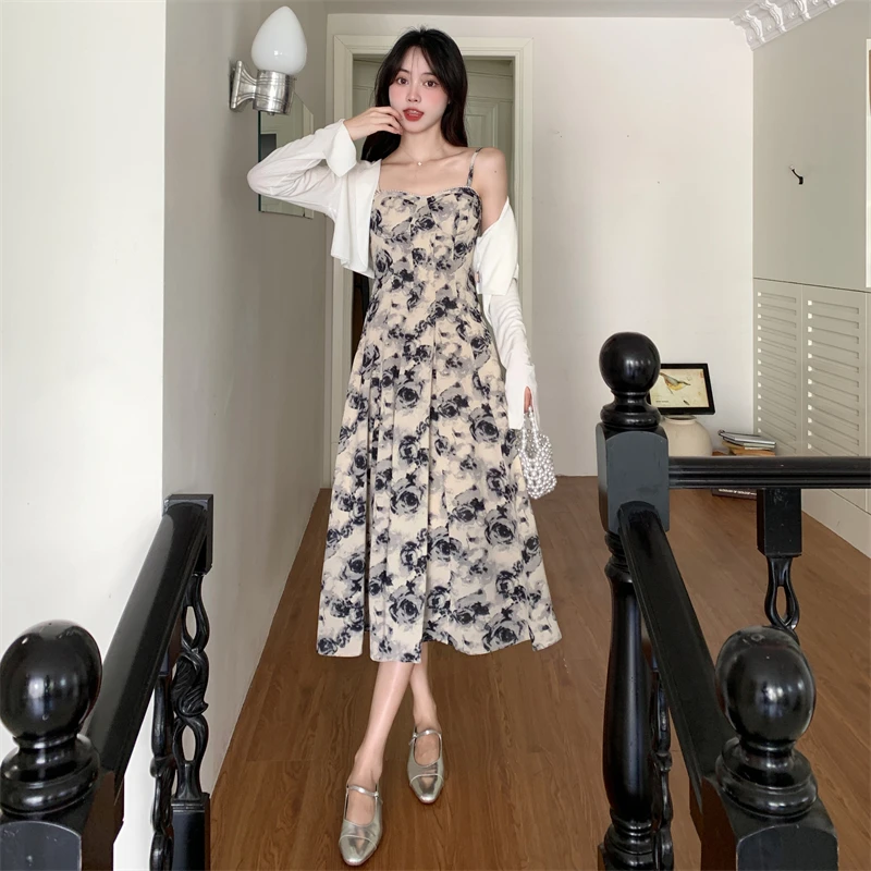 大码女装微胖法式碎花女吊带长裙高级感显瘦遮肚裙子