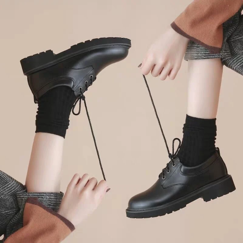 小皮鞋女百搭学院风系带单鞋女秋季新款英伦风黑色工作鞋jk鞋D06