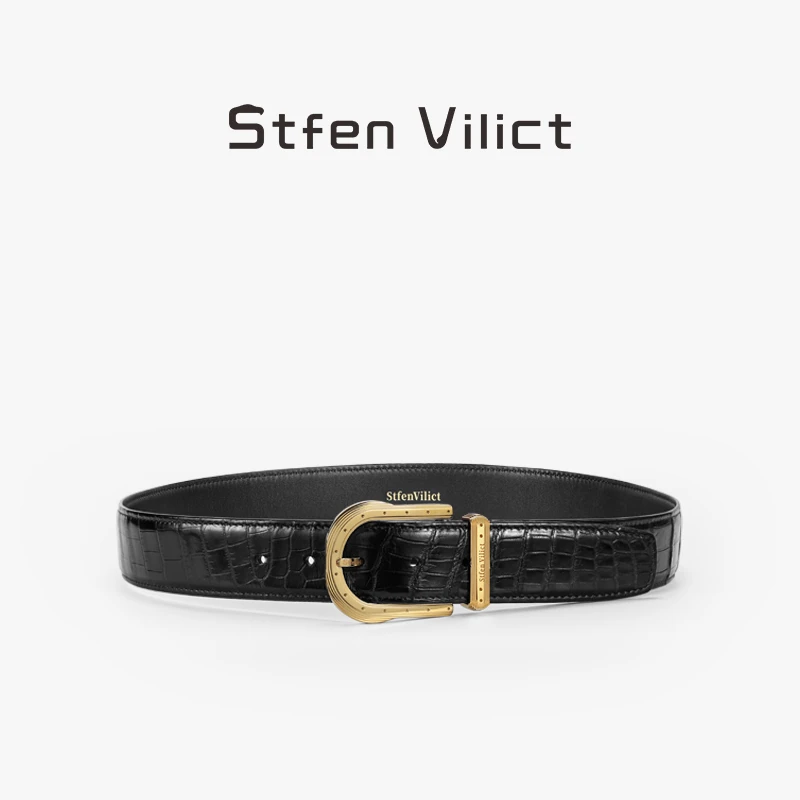 威廉史蒂芬针扣皮带百搭黑色鳄鱼皮腰带鹰头针扣真皮皮带男款经典