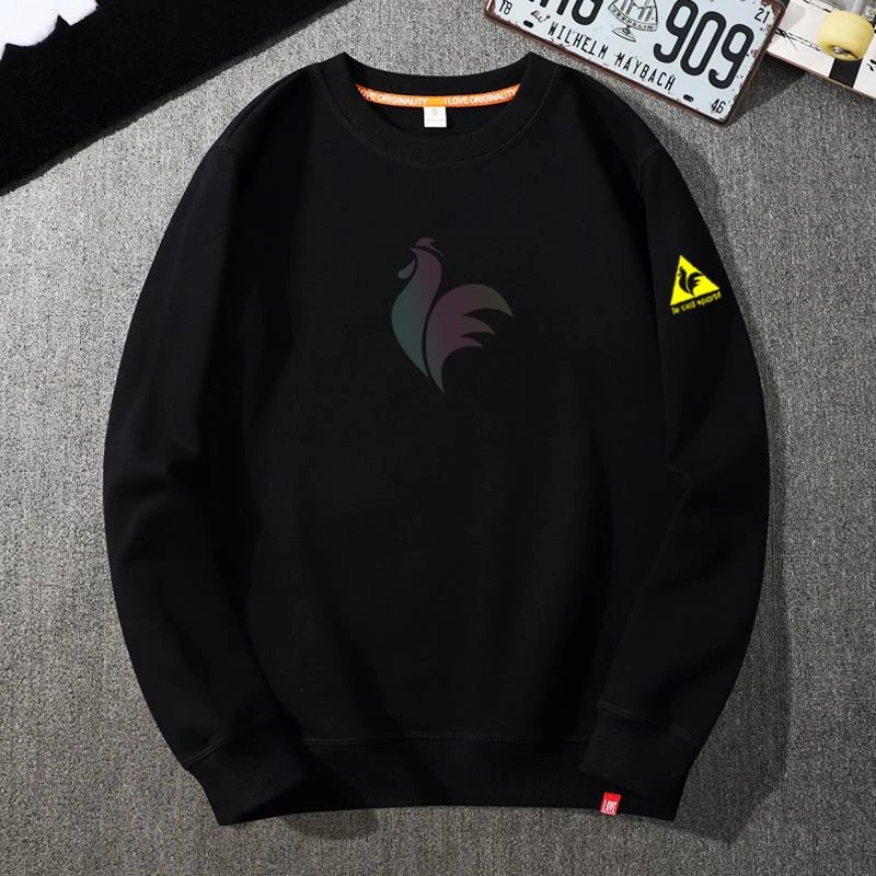 法式国潮公鸡圆领学生卫衣男宽松加绒加厚炫彩印花秋薄款长袖上衣